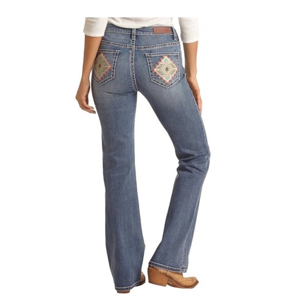 Rock & Roll Denim Denim - Rock & Roll Denim 28 Long Mid Rise Bootcut Aztec Women’s Jeans Aqua Stretch